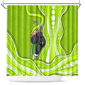 Sydney Thunder Shower Curtain Aboriginal Dot Art Green White - Tribal Wave Pattern