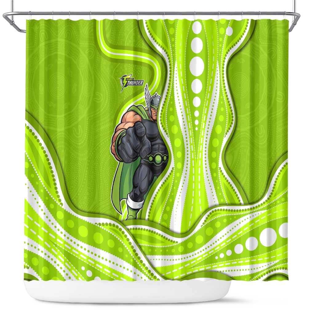 Sydney Thunder Shower Curtain Aboriginal Dot Art Green White - Tribal Wave Pattern