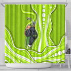 Sydney Thunder Shower Curtain Aboriginal Dot Art Green White - Tribal Wave Pattern