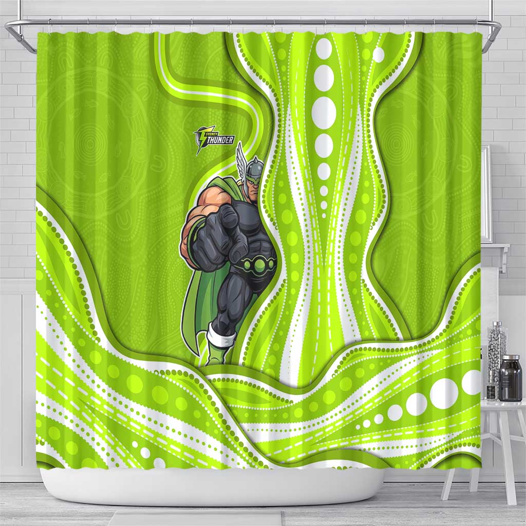 Sydney Thunder Shower Curtain Aboriginal Dot Art Green White - Tribal Wave Pattern