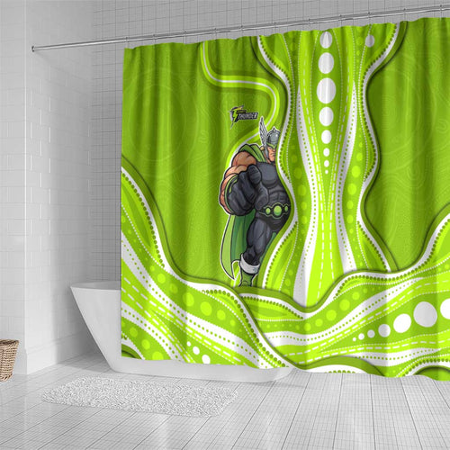 Sydney Thunder Shower Curtain Aboriginal Dot Art Green White - Tribal Wave Pattern