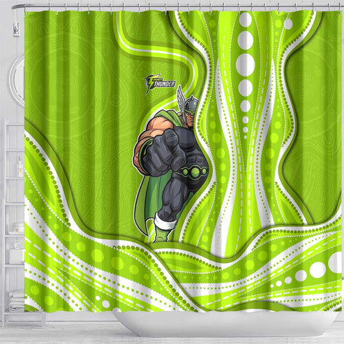 Sydney Thunder Shower Curtain Aboriginal Dot Art Green White - Tribal Wave Pattern