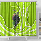 Sydney Thunder Shower Curtain Aboriginal Dot Art Green White - Tribal Wave Pattern