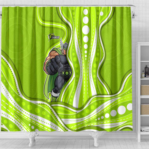 Sydney Thunder Shower Curtain Aboriginal Dot Art Green White - Tribal Wave Pattern