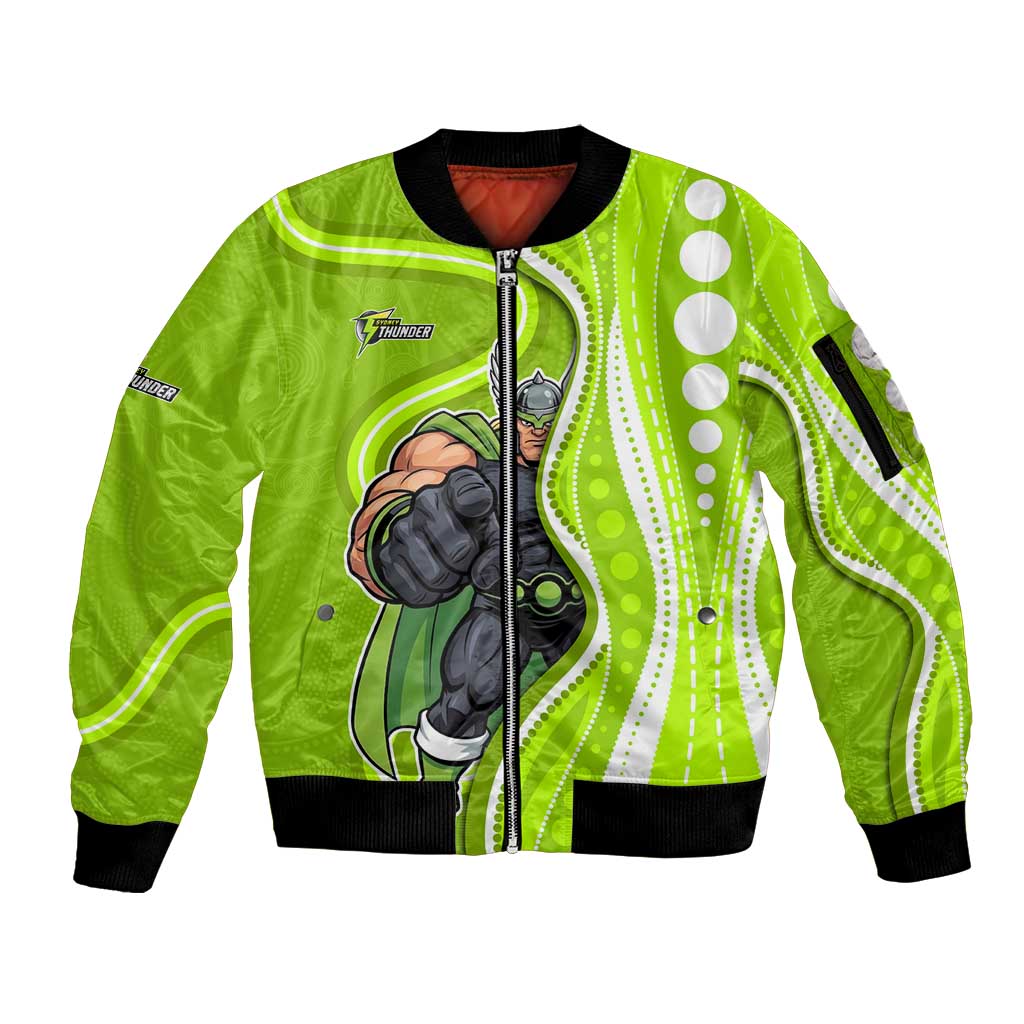 Sydney Thunder Sleeve Zip Bomber Jacket Aboriginal Dot Art Green White - Tribal Wave Pattern