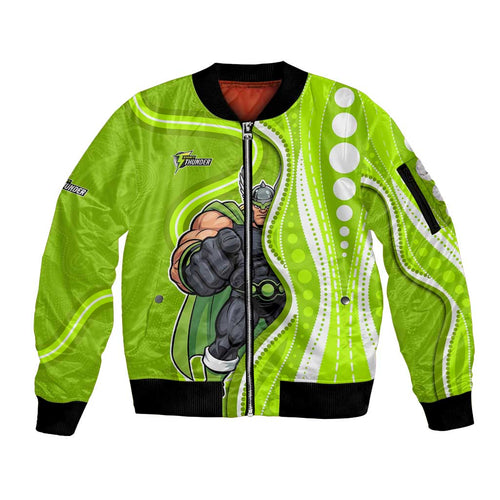 Sydney Thunder Sleeve Zip Bomber Jacket Aboriginal Dot Art Green White - Tribal Wave Pattern