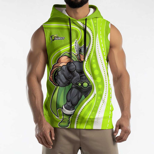 Sydney Thunder Sleeveless Hoodie Aboriginal Dot Art Green White - Tribal Wave Pattern
