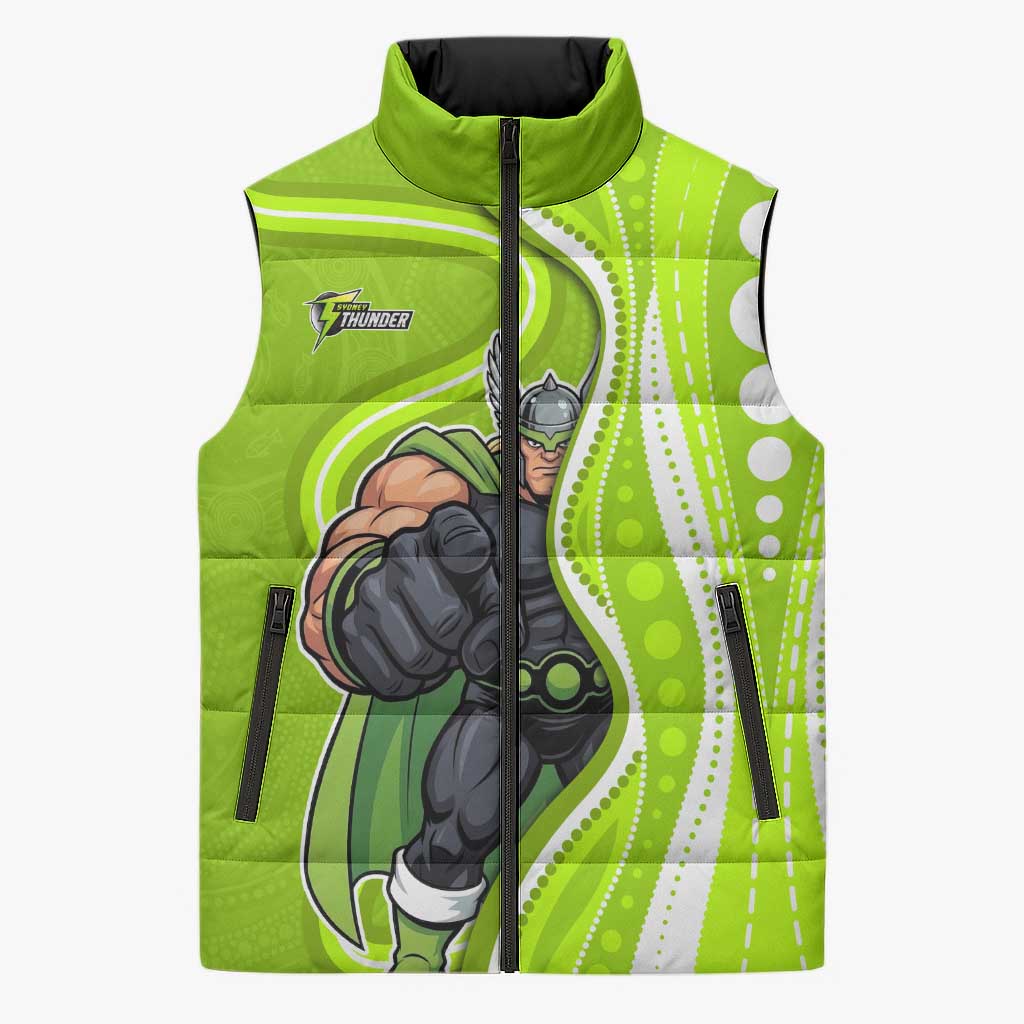 Sydney Thunder Sleeveless Puffer Jacket Aboriginal Dot Art Green White - Tribal Wave Pattern