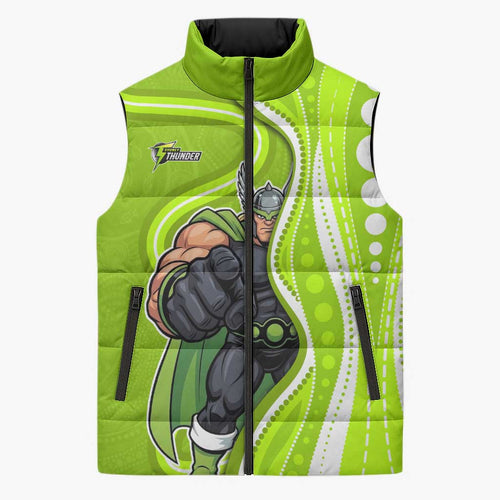 Sydney Thunder Sleeveless Puffer Jacket Aboriginal Dot Art Green White - Tribal Wave Pattern