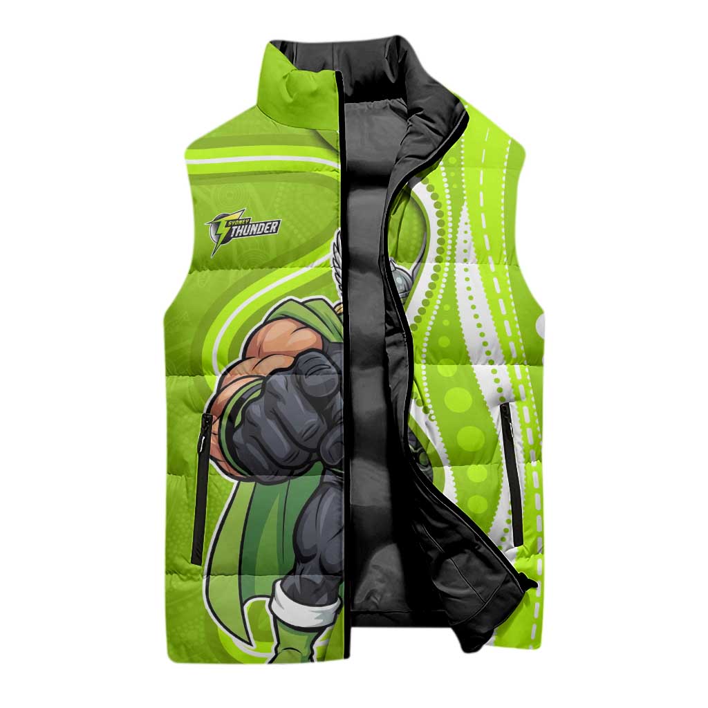Sydney Thunder Sleeveless Puffer Jacket Aboriginal Dot Art Green White - Tribal Wave Pattern