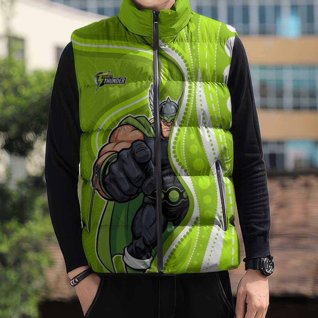 Sydney Thunder Sleeveless Puffer Jacket Aboriginal Dot Art Green White - Tribal Wave Pattern