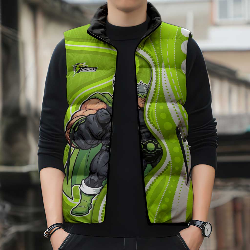 Sydney Thunder Sleeveless Puffer Jacket Aboriginal Dot Art Green White - Tribal Wave Pattern