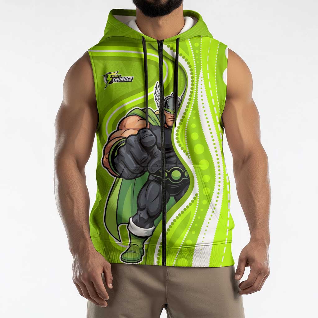 Sydney Thunder Sleeveless Zip Hoodie Aboriginal Dot Art Green White - Tribal Wave Pattern