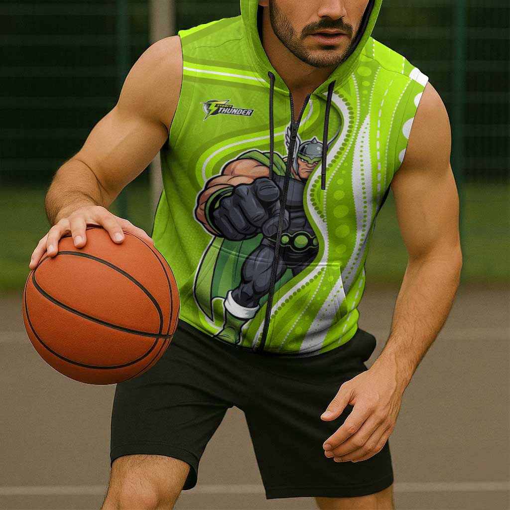 Sydney Thunder Sleeveless Zip Hoodie Aboriginal Dot Art Green White - Tribal Wave Pattern