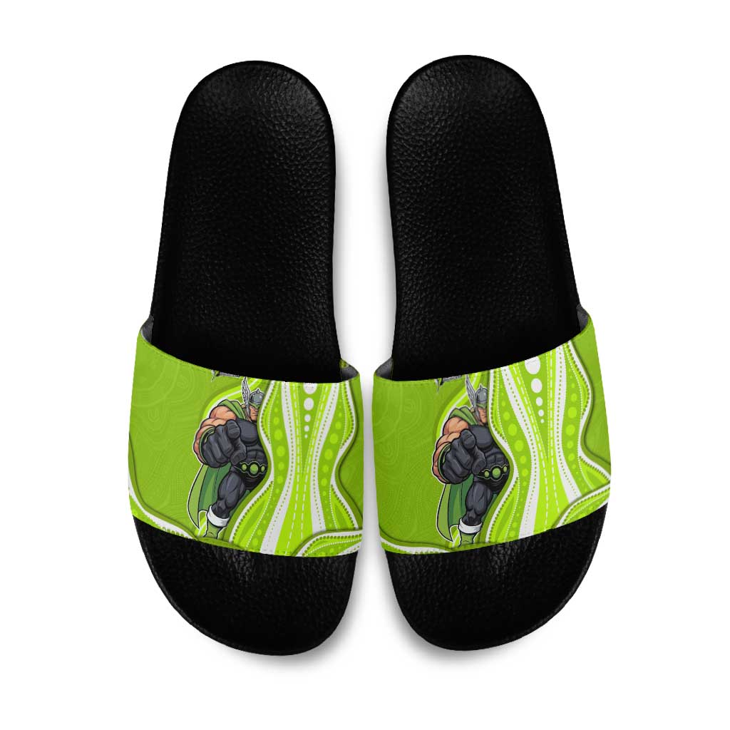 Sydney Thunder Slide Sandals Aboriginal Dot Art Green White - Tribal Wave Pattern