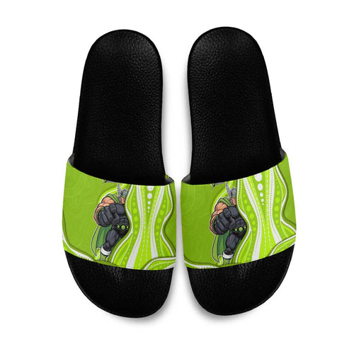 Sydney Thunder Slide Sandals Aboriginal Dot Art Green White - Tribal Wave Pattern