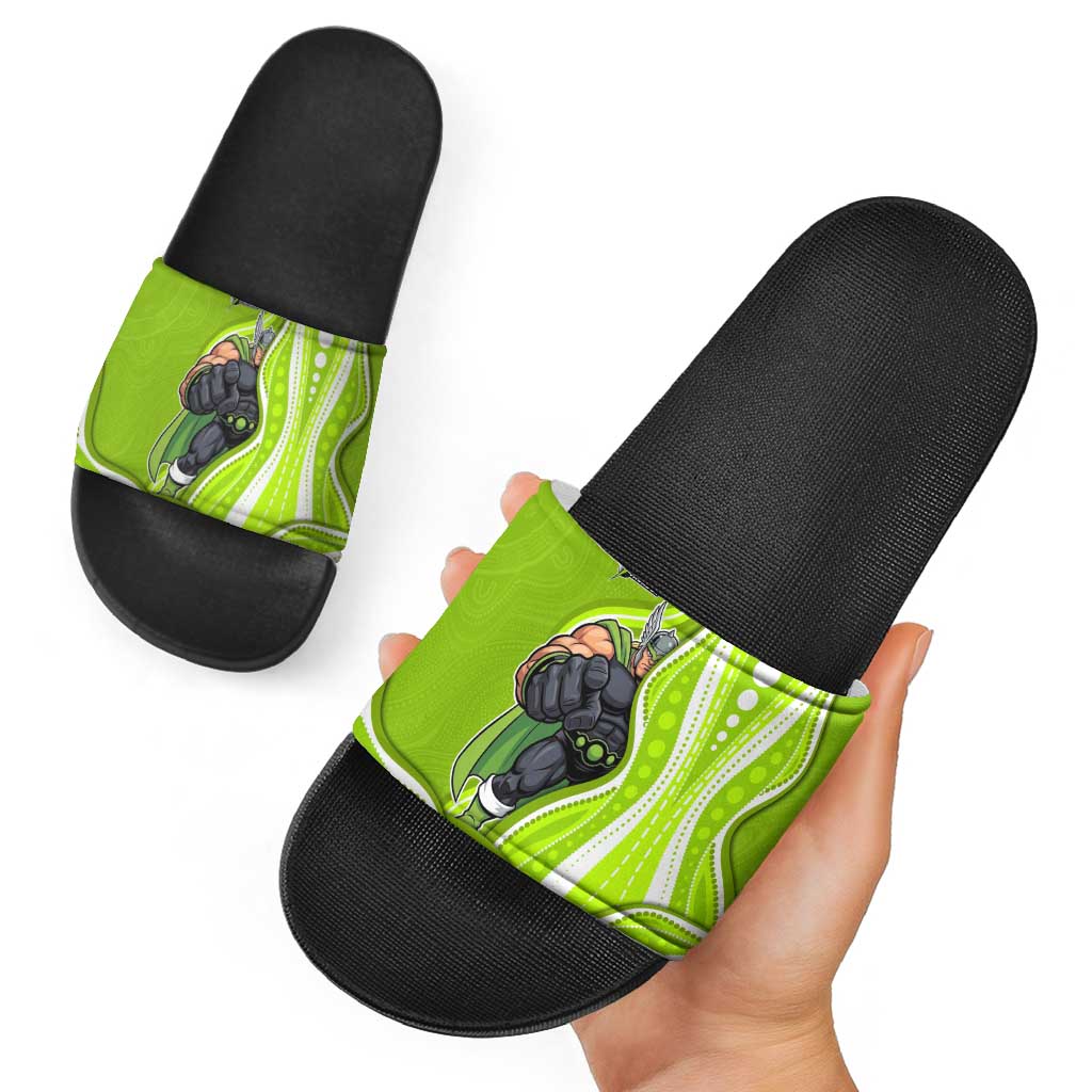 Sydney Thunder Slide Sandals Aboriginal Dot Art Green White - Tribal Wave Pattern