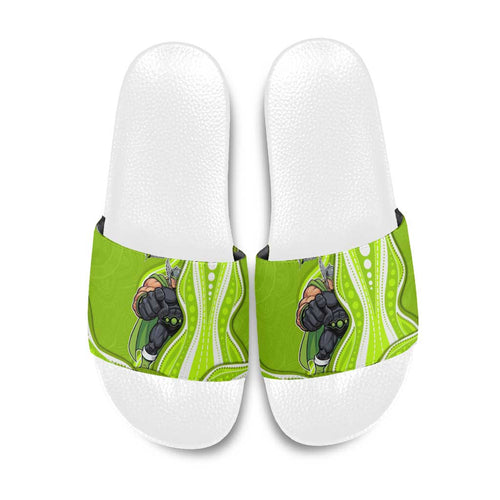 Sydney Thunder Slide Sandals Aboriginal Dot Art Green White - Tribal Wave Pattern