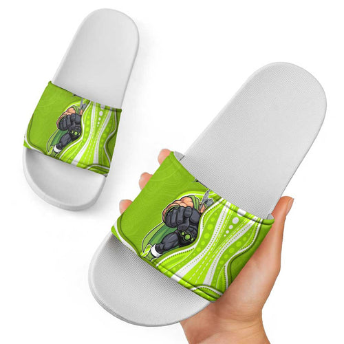 Sydney Thunder Slide Sandals Aboriginal Dot Art Green White - Tribal Wave Pattern