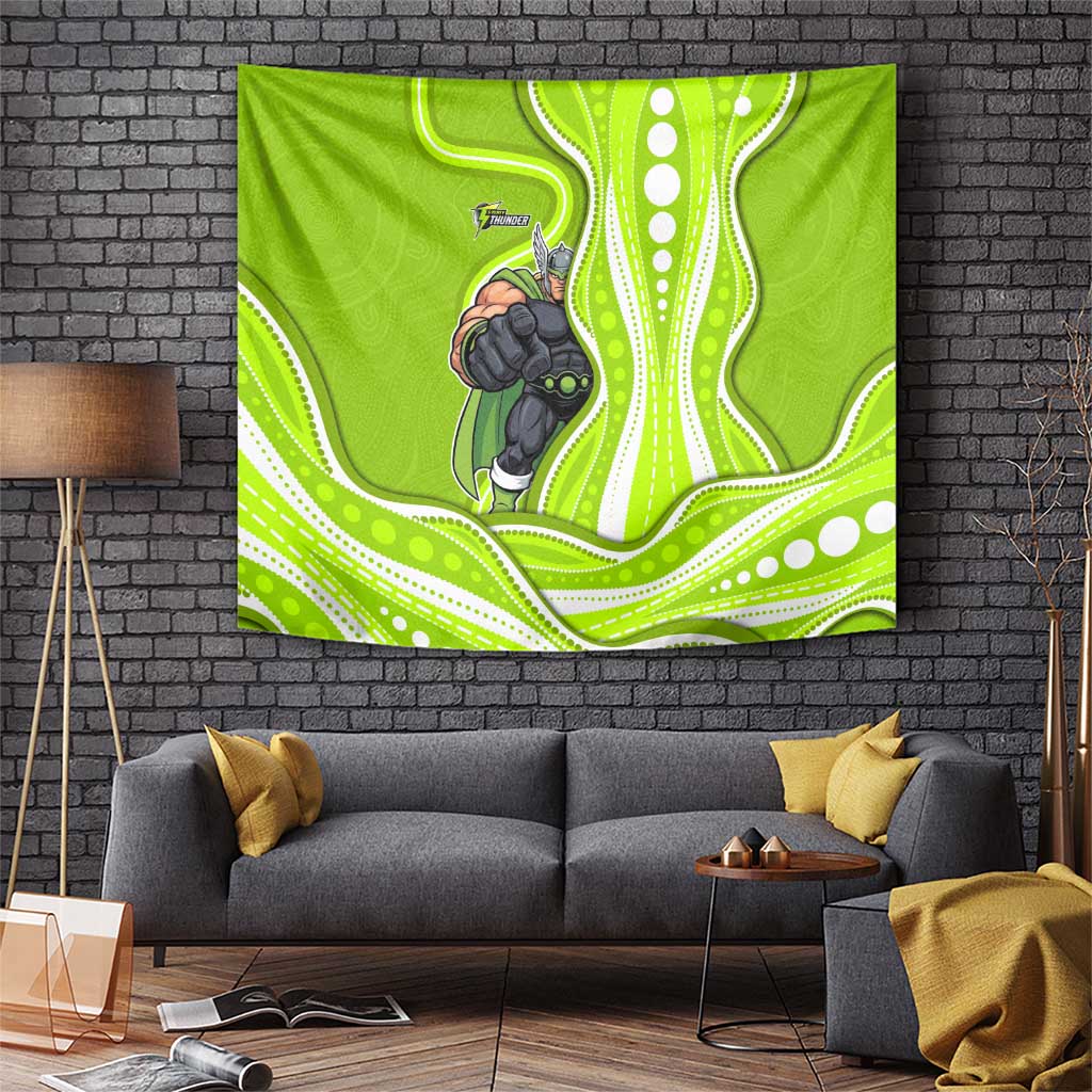 Sydney Thunder Tapestry Aboriginal Dot Art Green White - Tribal Wave Pattern