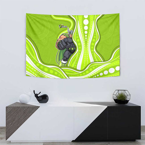 Sydney Thunder Tapestry Aboriginal Dot Art Green White - Tribal Wave Pattern