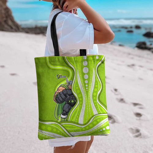 Sydney Thunder Tote Bag Aboriginal Dot Art Green White - Tribal Wave Pattern