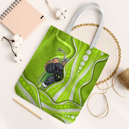 Sydney Thunder Tote Bag Aboriginal Dot Art Green White - Tribal Wave Pattern