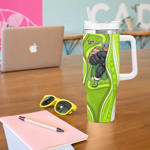 Sydney Thunder Tumbler With Handle Aboriginal Dot Art Green White - Tribal Wave Pattern