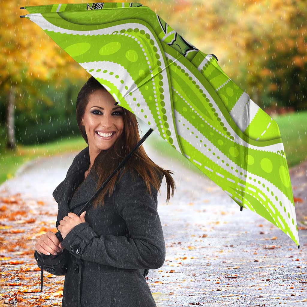 Sydney Thunder Umbrella Aboriginal Dot Art Green White - Tribal Wave Pattern