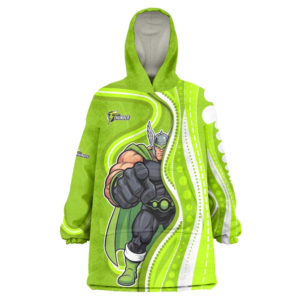 Sydney Thunder Wearable Blanket Hoodie Aboriginal Dot Art Green White - Tribal Wave Pattern