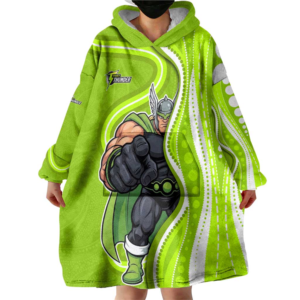 Sydney Thunder Wearable Blanket Hoodie Aboriginal Dot Art Green White - Tribal Wave Pattern