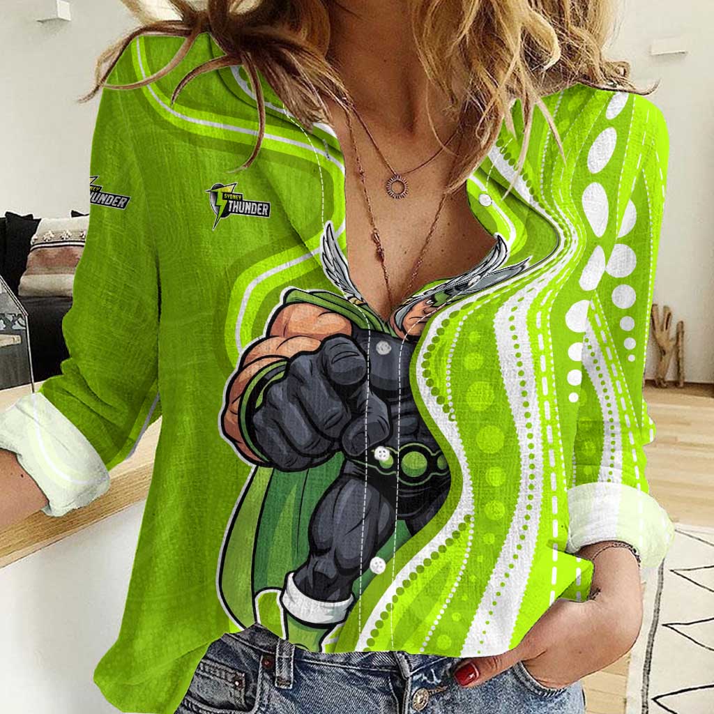 Sydney Thunder Women Casual Shirt Aboriginal Dot Art Green White - Tribal Wave Pattern