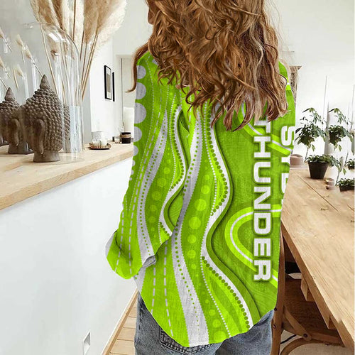 Sydney Thunder Women Casual Shirt Aboriginal Dot Art Green White - Tribal Wave Pattern