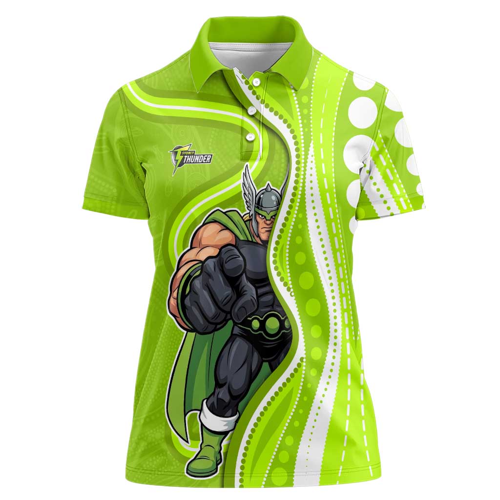 Sydney Thunder Women Polo Shirt Aboriginal Dot Art Green White - Tribal Wave Pattern