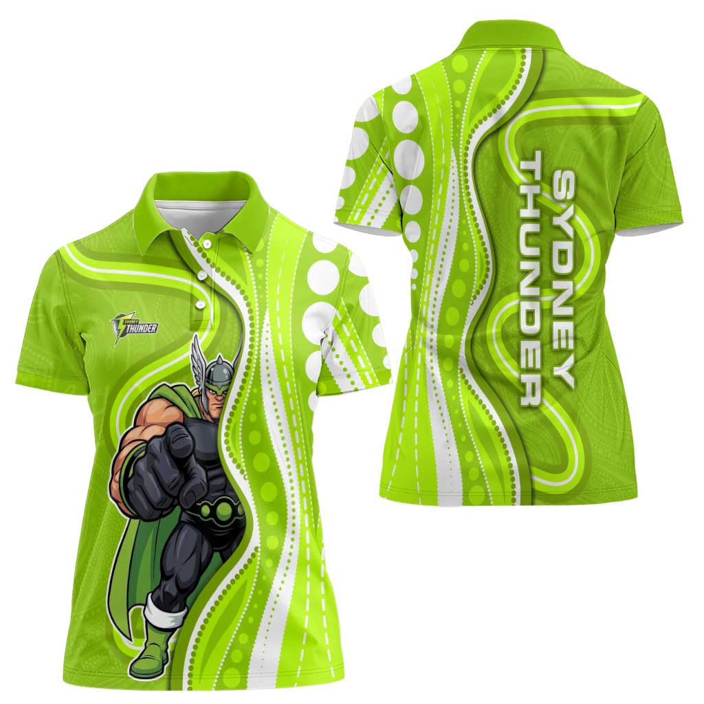 Sydney Thunder Women Polo Shirt Aboriginal Dot Art Green White - Tribal Wave Pattern