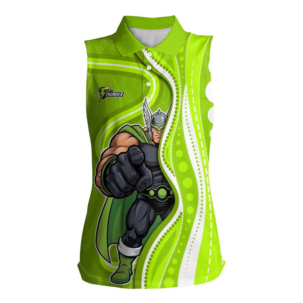 Sydney Thunder Women Sleeveless Polo Shirt Aboriginal Dot Art Green White - Tribal Wave Pattern