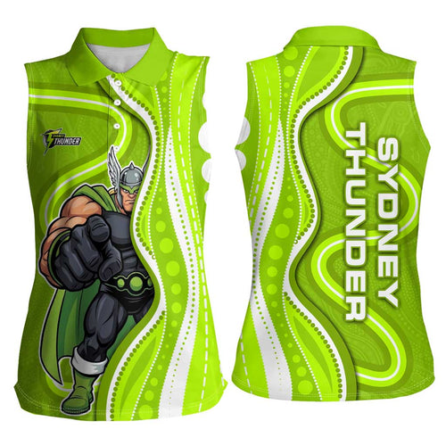 Sydney Thunder Women Sleeveless Polo Shirt Aboriginal Dot Art Green White - Tribal Wave Pattern