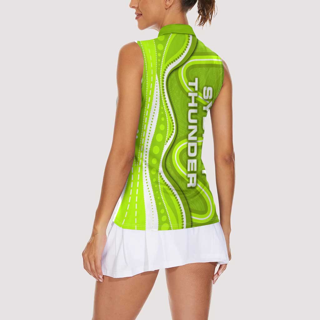Sydney Thunder Women Sleeveless Polo Shirt Aboriginal Dot Art Green White - Tribal Wave Pattern