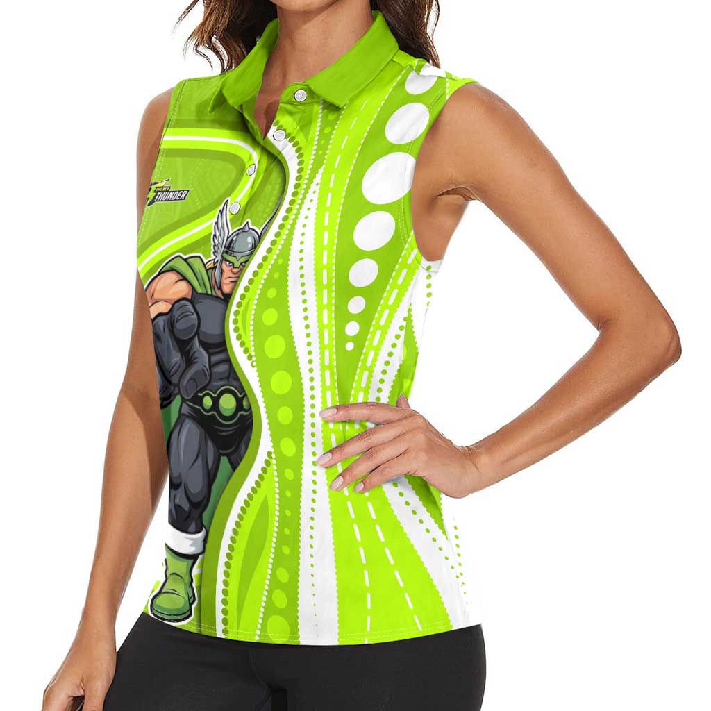 Sydney Thunder Women Sleeveless Polo Shirt Aboriginal Dot Art Green White - Tribal Wave Pattern
