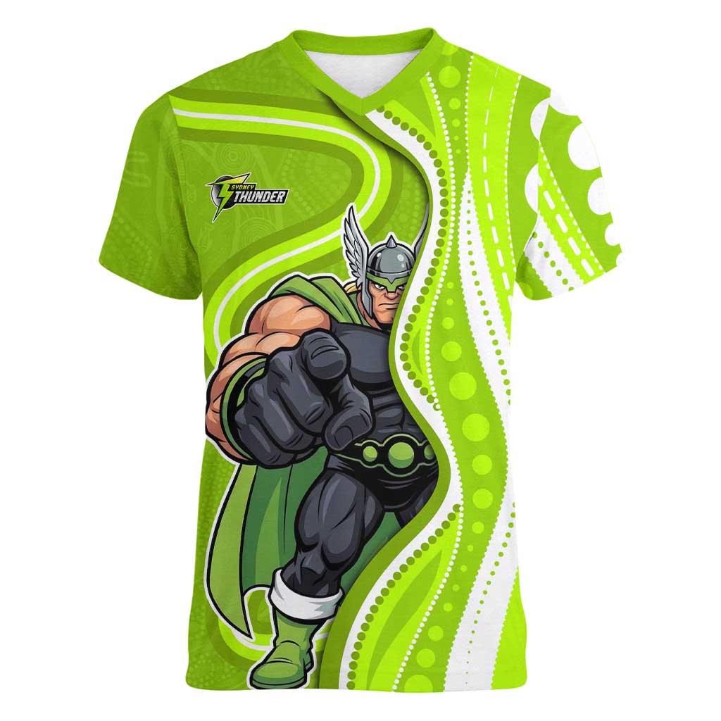 Sydney Thunder Women V-Neck T-Shirt Aboriginal Dot Art Green White - Tribal Wave Pattern