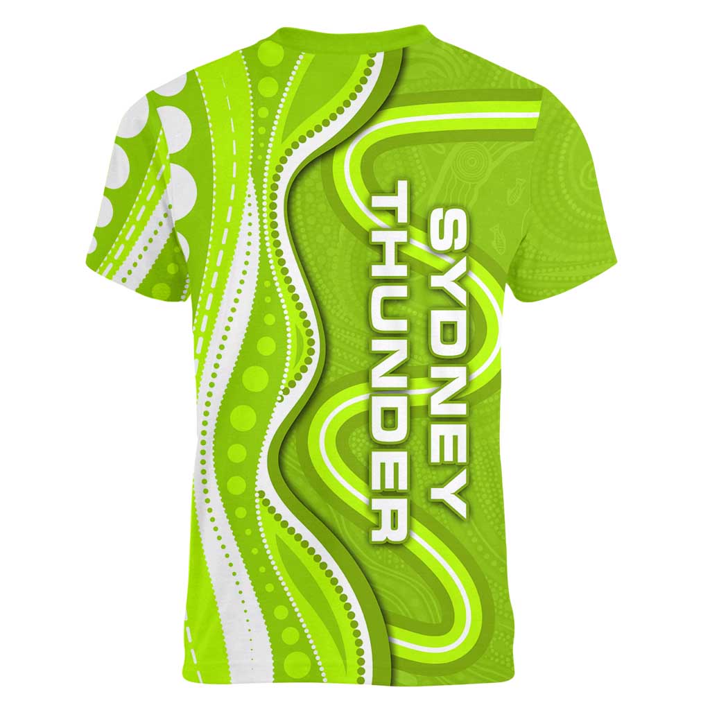 Sydney Thunder Women V-Neck T-Shirt Aboriginal Dot Art Green White - Tribal Wave Pattern