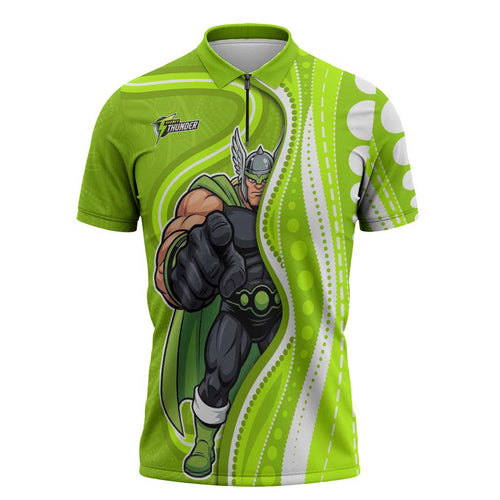 Sydney Thunder Zipper Polo Shirt Aboriginal Dot Art Green White - Tribal Wave Pattern