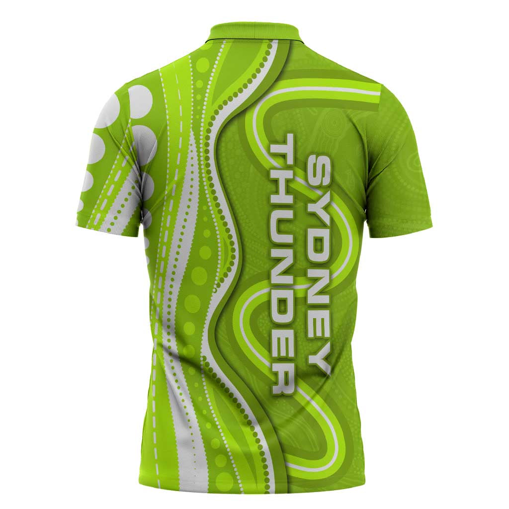 Sydney Thunder Zipper Polo Shirt Aboriginal Dot Art Green White - Tribal Wave Pattern