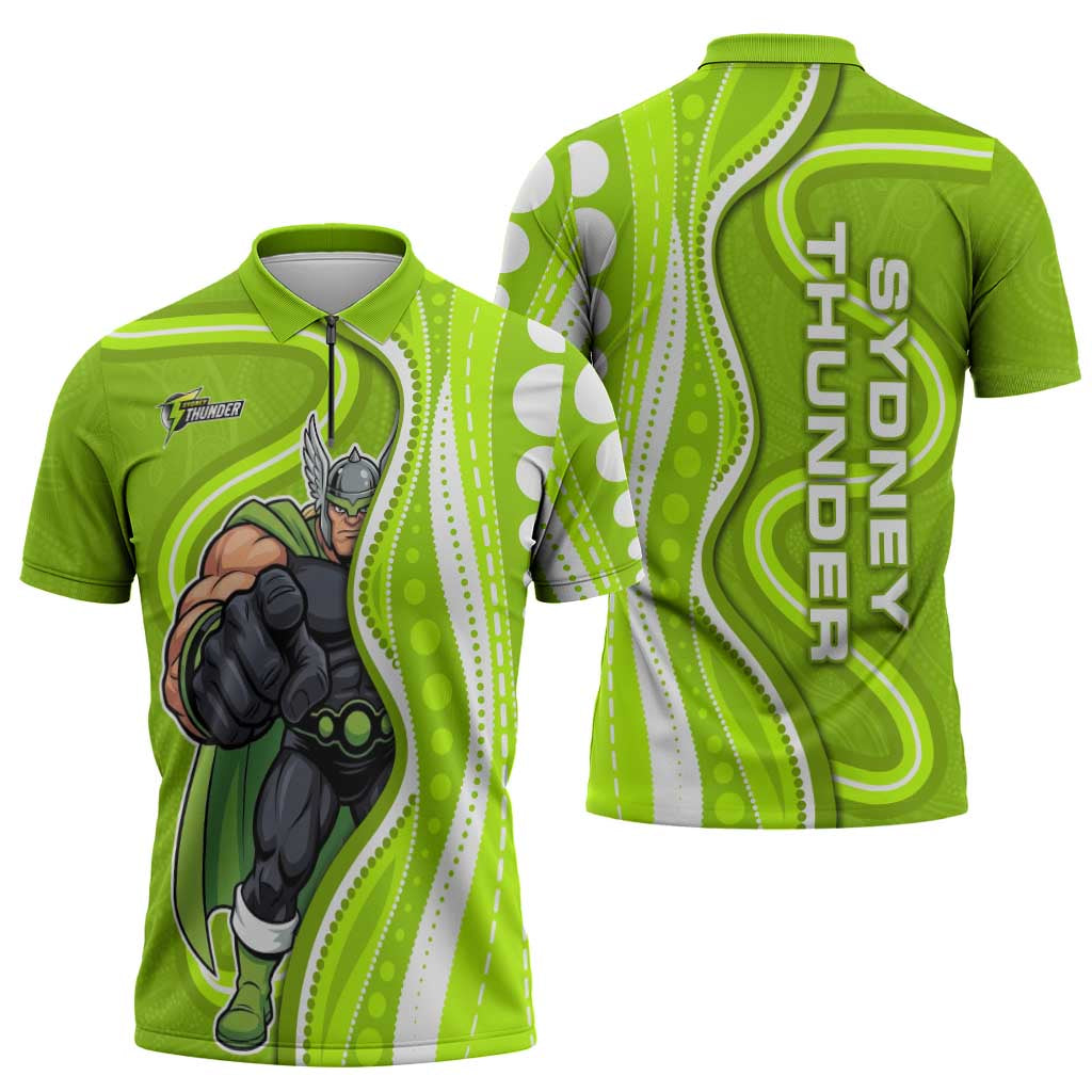 Sydney Thunder Zipper Polo Shirt Aboriginal Dot Art Green White - Tribal Wave Pattern