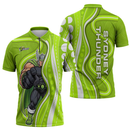 Sydney Thunder Zipper Polo Shirt Aboriginal Dot Art Green White - Tribal Wave Pattern