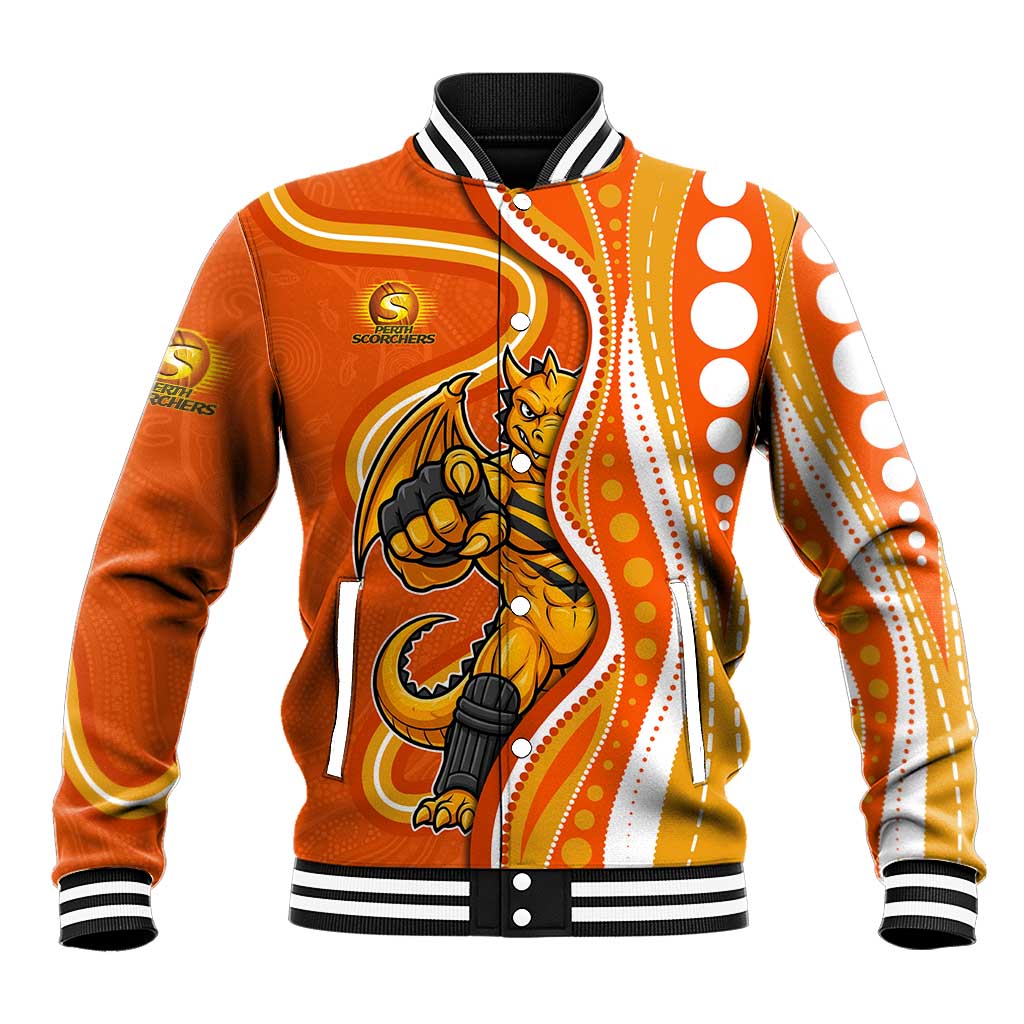 Perth Scorchers Baseball Jacket Aboriginal Dot Art Orange White - Tribal Wave Pattern