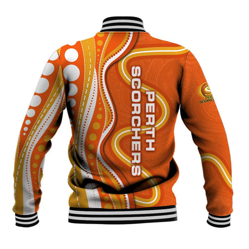 Perth Scorchers Baseball Jacket Aboriginal Dot Art Orange White - Tribal Wave Pattern