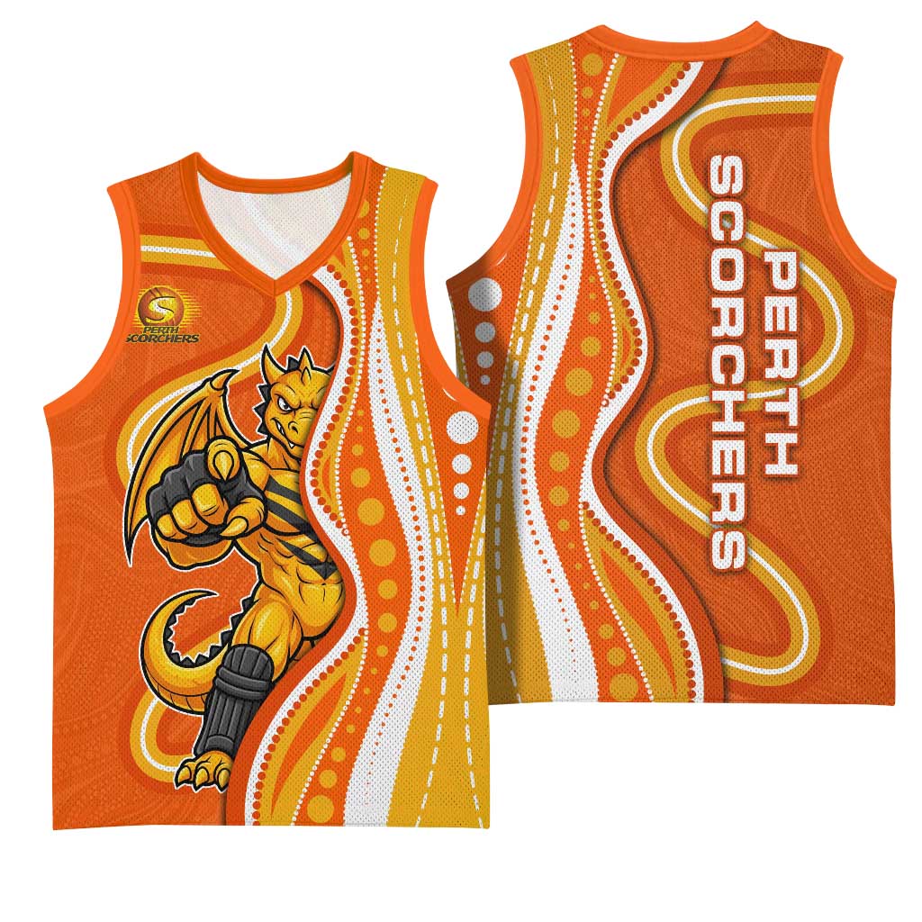 Perth Scorchers Basketball Jersey Aboriginal Dot Art Orange White - Tribal Wave Pattern