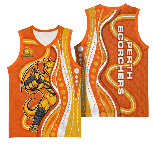 Perth Scorchers Basketball Jersey Aboriginal Dot Art Orange White - Tribal Wave Pattern