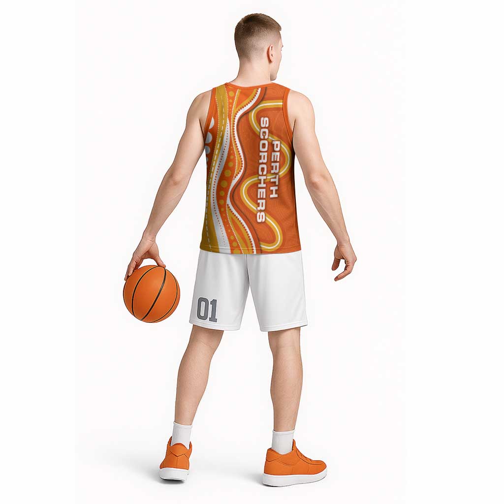 Perth Scorchers Basketball Jersey Aboriginal Dot Art Orange White - Tribal Wave Pattern